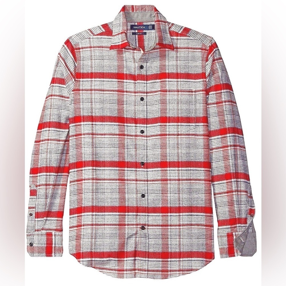 Nautica Slim Fit Plaid Button Up Shirt Men’s Large Red Gray Long Sleeve